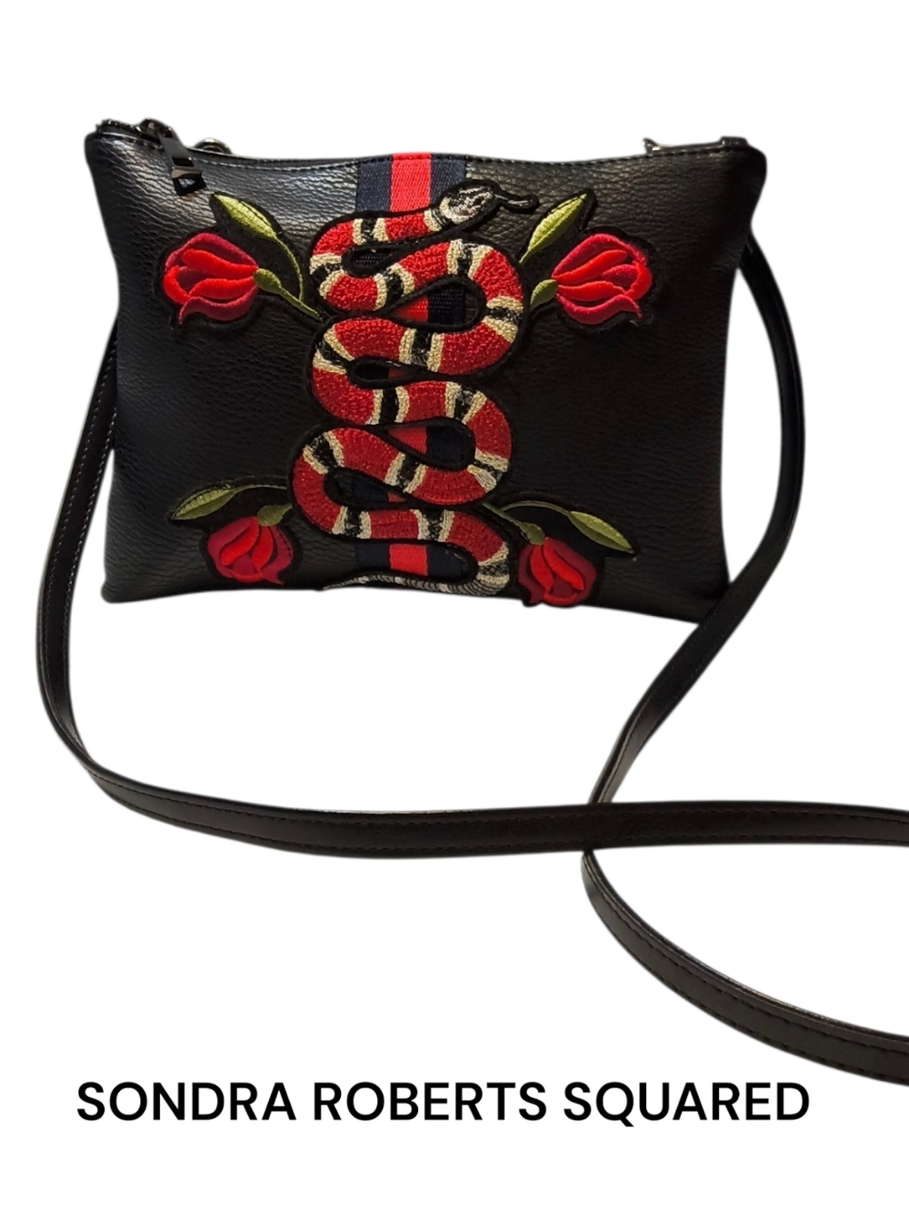 Sondra Roberts Squared Black Crossbody Bag with Red Snake Embroidery NWOT